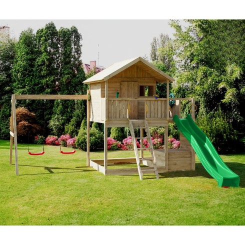 Parco Giochi in Legno con 2 Altalene Scivolo e Sabbiera 310x275x245cm