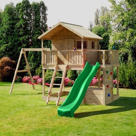 Parco Giochi in Legno con 2 Altalene Scivolo e Sabbiera 310x275x245cm