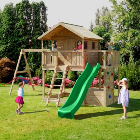 Parco Giochi in Legno con 2 Altalene Scivolo e Sabbiera 310x275x245cm