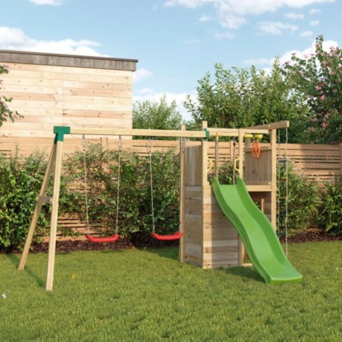 Parco Giochi in Legno Pirati Torretta con Altalena Scivolo Corda Arrampicata 310x460x282 cm