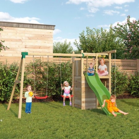 Parco Giochi in Legno Pirati Torretta con Altalena Scivolo Corda Arrampicata 310x460x282 cm