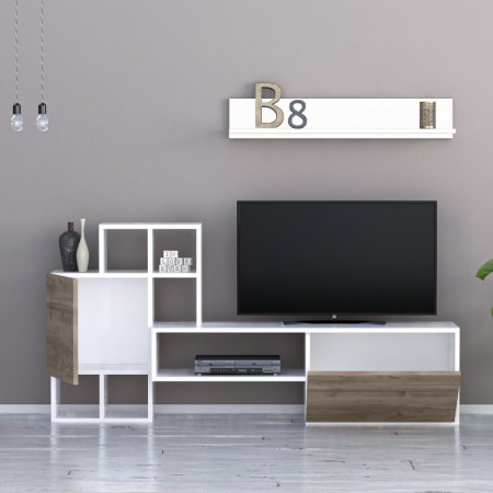 Parete Attrezzata in Legno Bianco e Noce Mobile Porta TV Moderno per Salotto