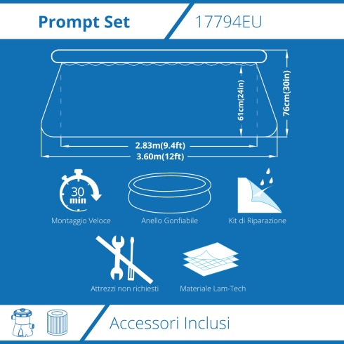 Piscina Tonda 360 cm Fuori Terra con Pompa Filtro h76 cm