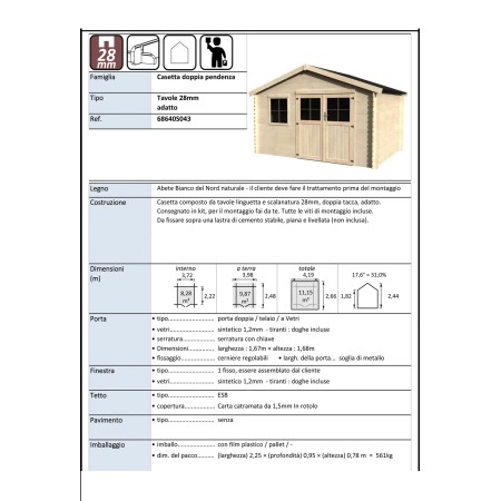 Casetta in Legno da Giardino 4x2,5 mt con sistema Block House
