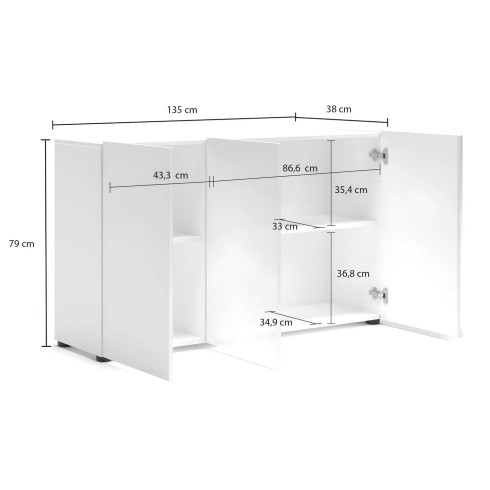 Mobile a 3 Ante con Ripiani Credenza 135x38x80 cm Bianco Lucido