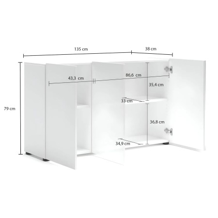 Mobile a 3 Ante con Ripiani Credenza 135x38x80 cm Bianco Lucido