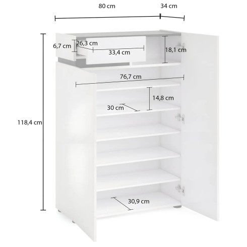 Scarpiera Bianca 80x34x115 cm 2 Ante e Cassetto Soft-Close