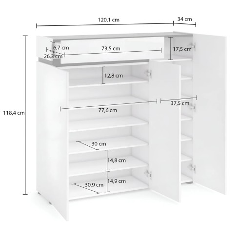 Scarpiera 3 Ante 120x34x115 cm Bianca con Cassetto Soft-Close