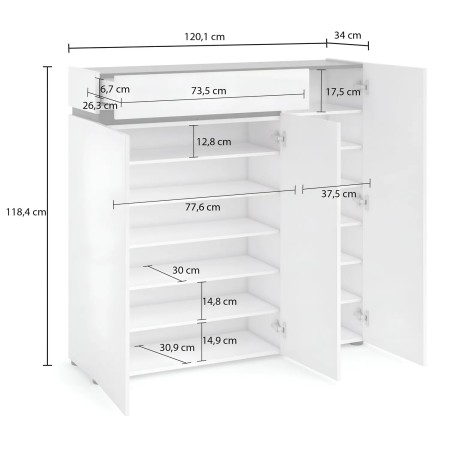 Scarpiera 3 Ante 120x34x115 cm Bianca con Cassetto Soft-Close