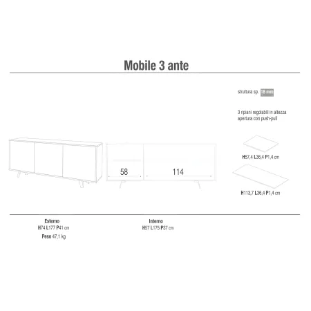 Mobile Soggiorno 3 Ante 177x41x74 cm Push-Pull Bianco e Ruggine