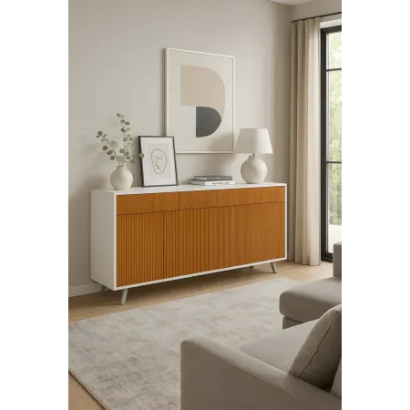 Credenza Moderna 164x41x92 cm 3 Ante 3 Cassetti Bianca e Rovere