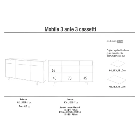Credenza Moderna 164x41x92 cm 3 Ante 3 Cassetti Bianca e Rovere