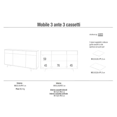 Credenza Moderna 164x41x92 cm 3 Ante 3 Cassetti Bianca e Rovere