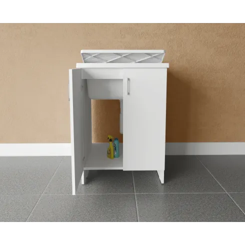 Lavatoio Bianco 2 Ante 45x50x85 cm Vasca PP e Asse in Resina