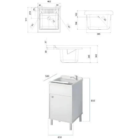 Mobile Lavatoio 45x50x85 cm con Specchio 45x60x5 cm Bianco