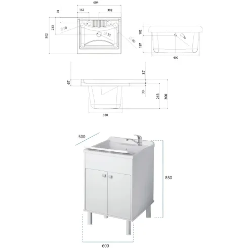 Mobile Lavatoio 2 Ante 60x50x85 cm Specchio 45x60x5 cm