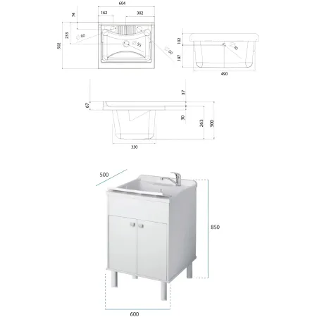 Mobile Lavatoio 2 Ante 60x50x85 cm Specchio 45x60x5 cm