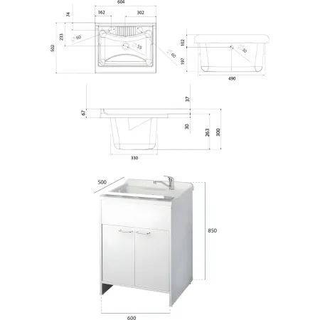 Mobile Lavatoio 2 Ante 60x50x85 con Colonna 45x50x182 e Specchio 45x60