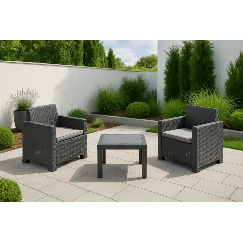 Salottino da Giardino 3 Pezzi in Resina Antracite con Cuscini Grigi