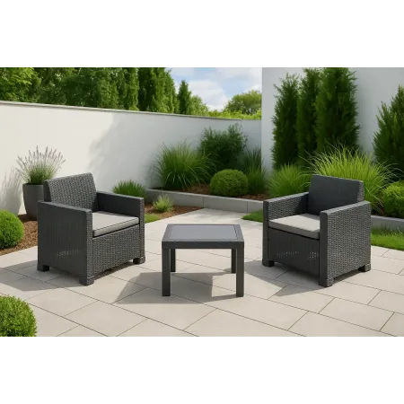 Salottino da Giardino 3 Pezzi in Resina Antracite con Cuscini Grigi