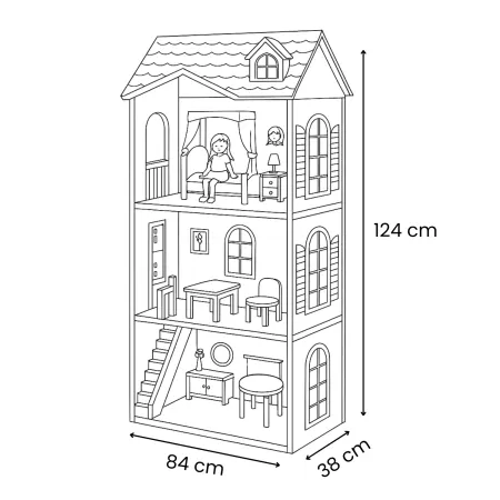 Villa Bambole Legno 3 Piani 124 cm Arredamento Incluso Fashion Doll
