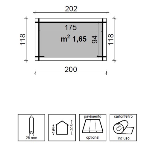 Casetta in Legno Grezzo da Giardino 200x118x205 cm 28 mm Blockhouse