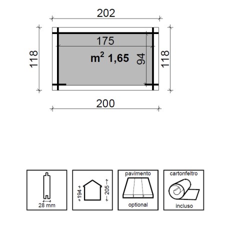 Casetta in Legno Grezzo da Giardino 200x118x205 cm 28 mm Blockhouse