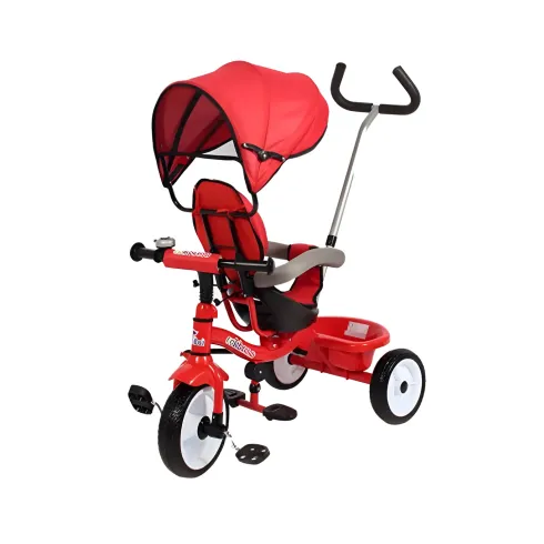 Triciclo per Bambini Rosso con Seggiolino 360° Cappottina e Manubrio
