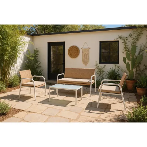 Salotto da Giardino Completo in Polyrattan Miele Bianco e Acciaio