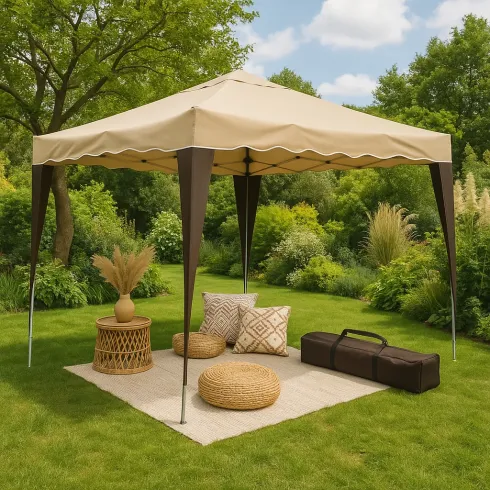 Gazebo Pieghevole Beige 3x3 m Struttura Acciaio Telo Poliestere