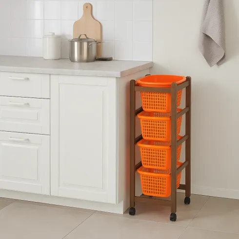 Carrello da Cucina Porta Frutta 37x30x85 cm in Legno con Ceste e Ruote