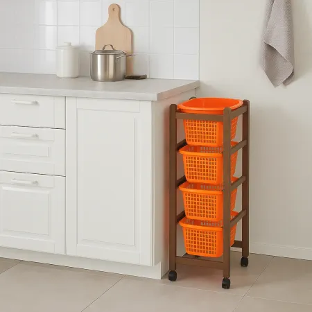 Carrello da Cucina Porta Frutta 37x30x85 cm in Legno con Ceste e Ruote