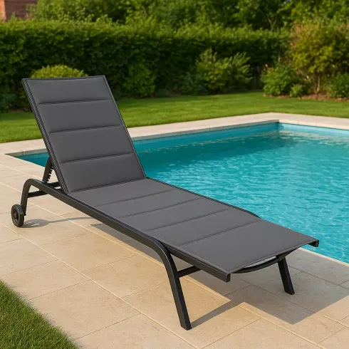 Lettino Sdraio Antracite 192x58x95H cm 5 Posizioni Textilene con Ruote