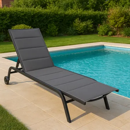 Lettino Sdraio Antracite 192x58x95H cm 5 Posizioni Textilene con Ruote