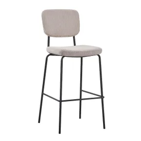 Sgabello Imbottito in Tessuto a Coste Beige Struttura in Metallo Nero
