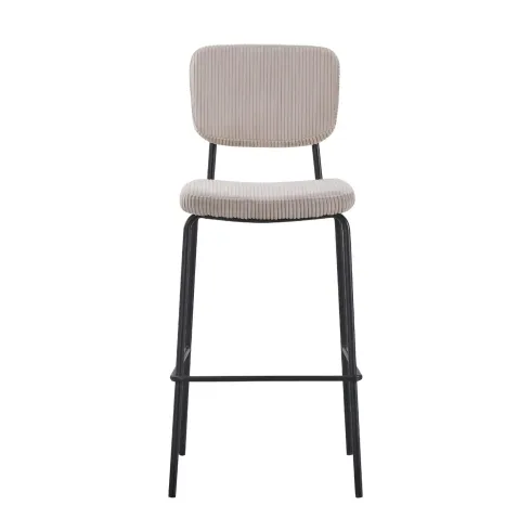 Sgabello Imbottito in Tessuto a Coste Beige Struttura in Metallo Nero