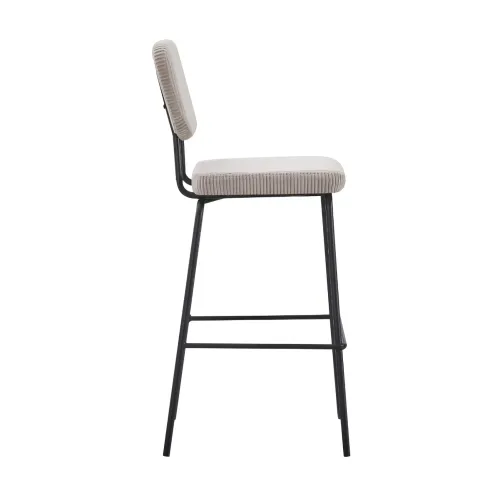 Sgabello Imbottito in Tessuto a Coste Beige Struttura in Metallo Nero