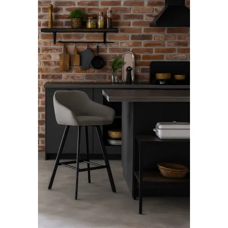 Sgabello Imbottito in Tessuto Grigio Cenere con Gambe in Metallo Nero