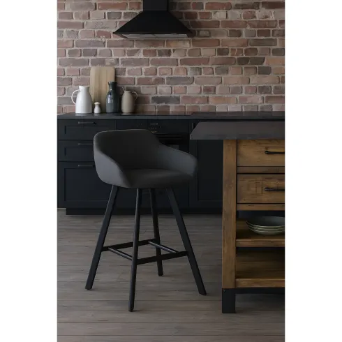 Sgabello Imbottito in Tessuto Grigio Scuro con Gambe in Metallo Nero