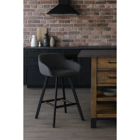 Sgabello Imbottito in Tessuto Grigio Scuro con Gambe in Metallo Nero