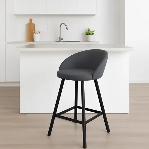 Sgabello Imbottito in Tessuto Grigio con Gambe in Metallo Nero