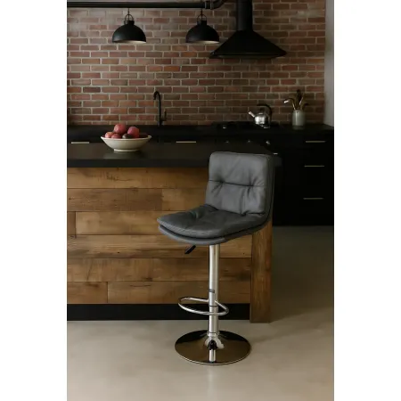 Sgabello con Seduta in Ecopelle Grigio Gamba in Metallo Inox Regolabile