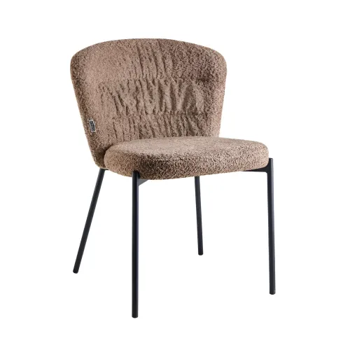 Set 4 Sedie da Pranzo Imbottite in Tessuto Teddy Tortora con Gambe Nere