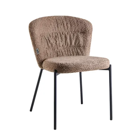 Set 4 Sedie da Pranzo Imbottite in Tessuto Teddy Tortora con Gambe Nere