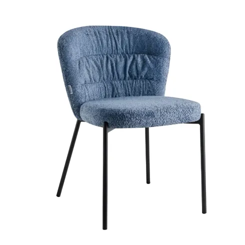 Set 4 Sedie Imbottite in Tessuto Teddy Azzurro Polvere con Gambe Nere