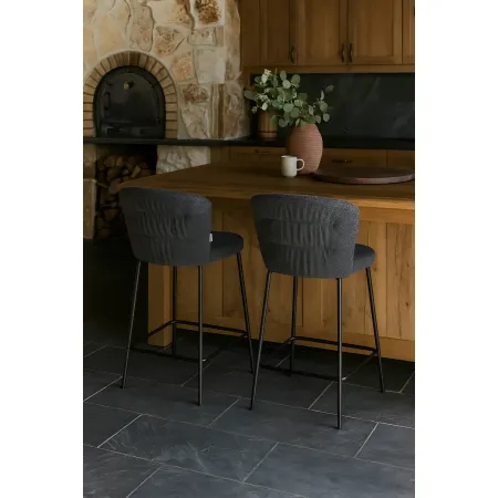 Set 2 Sgabelli da Interno Imbottiti in Tessuto Teddy Grigio Gambe Nere
