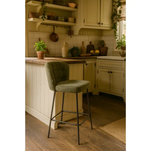 Set 2 Sgabelli da Interno Imbottiti in Tessuto Teddy Verde Gambe Nere