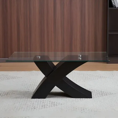 Tavolino in Vetro Temperato 110x60x45 cm Struttura Incrociata Nera