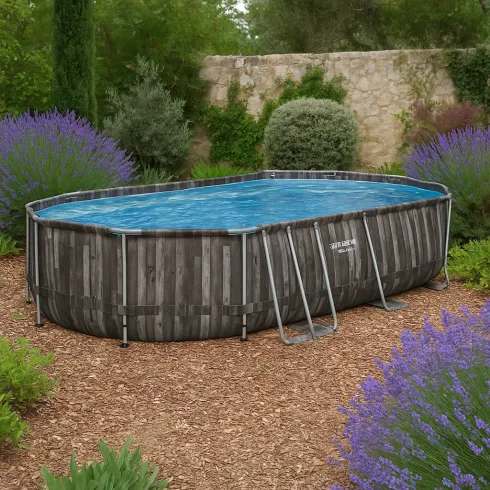 Piscina Fuori Terra 610x366x122 cm Rivestimento in Legno con Pompa