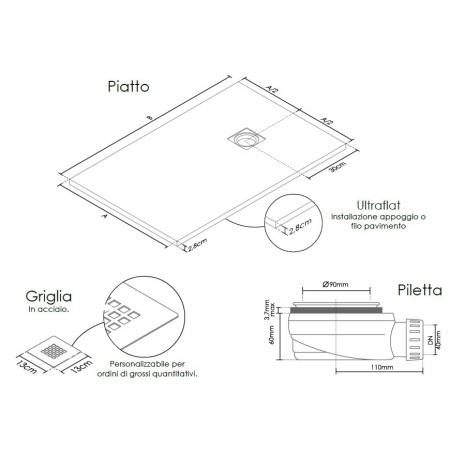 Piatto Doccia Grigio Rettangolare Effetto Pietra 70 80 90 100 120 140 Slim Flat